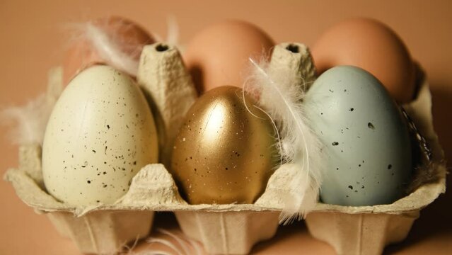 Easter is coming, a tray with plain and painted eggs, on a nude background. Celebrations and traditions. Blue, gold and white egg with black dot, chicken feathers flying. Real and plastic eggs