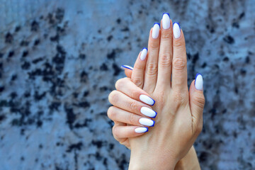 Female hands with a beautiful colored french manicure ombre white with blue. - 581532554