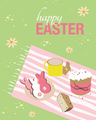Illustration of Happy Easter Holiday with Easter bread, Easter bunny, and Flower on Colorful green Background. International Spring Celebration Design for Greeting Card.