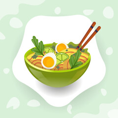Best Delicious Ramen Illustration, Watercolor Background With Green Dish, Premium Recipe Vector. Best Creative Ramen Illustrations Vector Art With Hi-Quality Vector With Background.