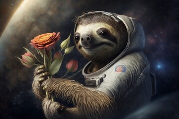 Sloth with flower in space, AI generated illustration
