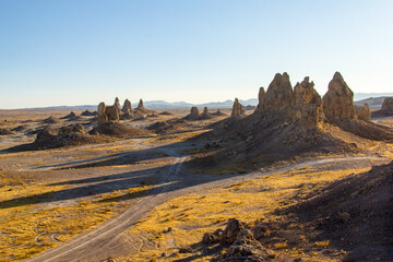Trona Pinnacles during sunset in the Mojave Desert of California.