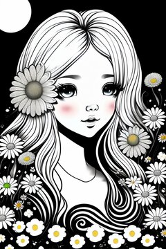 Kawaii style no color of a cute adorable girl with a long blonde hairstyle, big adorable kawaii eyes, wearing a daisy t-shirt, fantasy, magical, mystical, black and white