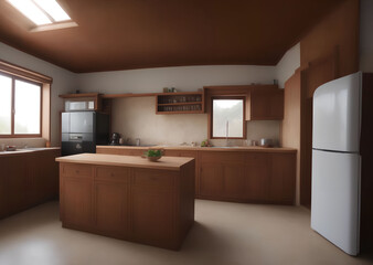 illustration digital drawing of wooden kitchen in the house, generative art by A.I