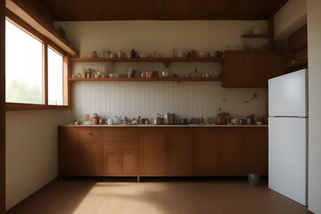Fototapeta na wymiar illustration digital drawing of wooden kitchen in the house, generative art by A.I