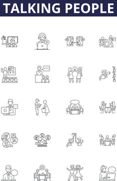 Talking people line vector icons and signs. Chatting, Interacting, Chatting, Yacking, Dialoguing, Debating, Discoursing, Interlocuting outline vector illustration set