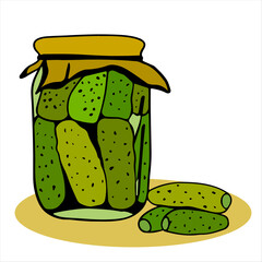 jar of pickled cucumbers is covered with canvas. Food containers. Home canned food. Pickles in jar, pickled cucumbers. home production. Fermented vegetables, crispy gherkins with salt.