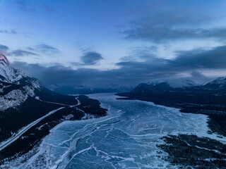 aerial view of frozen abraham lake