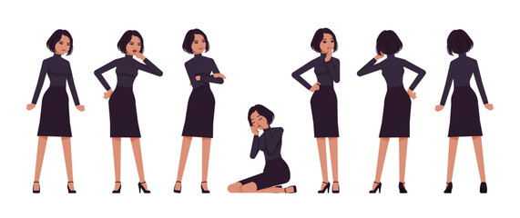 Business woman professional lady set, brunette girl negative emotion. Office girl, female manager, classic black fit turtleneck, skirt. Vector flat style cartoon character isolated white background