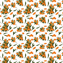 Seamless pattern of berries. Autumn background with sea buckthorn berries. Design for poster, kitchen textile, clothing and wallpaper.