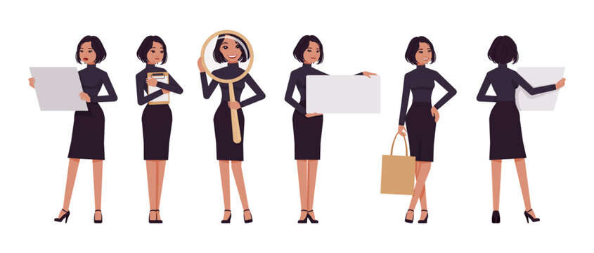 Business woman professional lady set, attractive woman holding items. Office girl, female manager, classic black fit turtleneck, skirt. Vector flat style cartoon character isolated on white background
