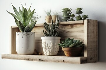 Plants on wooden shelf with a frame on the wall. Minimalistic Scandinavian style