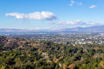 View of the San Fernando valley from above on the Santa Monica mountains in  California.