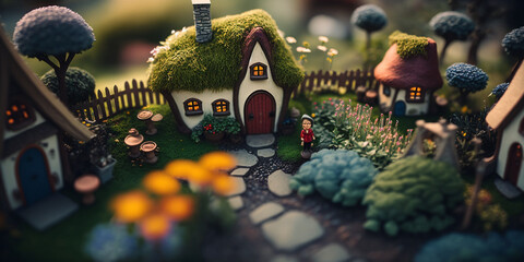 Beautiful whimsical fairy garden with tiny town valley. Generative Ai