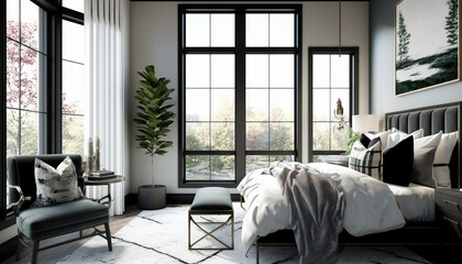Find Serenity in this Modern Bedroom Oasis with Chic Decor and High-End Furnishings, Generative AI.