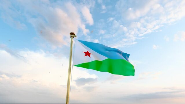 Flag of Djibouti waving in the wind, sky and sun background. Djibouti Flag Video. Realistic Animation, 4K UHD. 3D Animation 