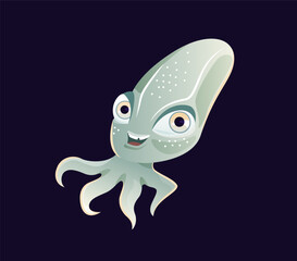 Cute underwater animal. Colorful sticker or poster with funny squid. Gray octopus with tentacles. Smiling inhabitant of sea or ocean. Cartoon flat vector illustration isolated on dark background