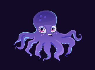 Cute underwater animal. Colorful sticker or poster with purple octopus with long ink tentacles. Sea or ocean character. Marine life. Cartoon flat vector illustration isolated on dark background