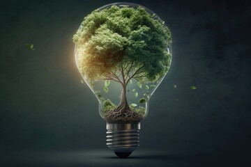 Tree isolated growing inside of a light bulb, clean background. Generative AI