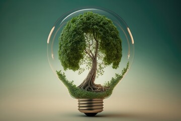 Tree isolated growing inside of a light bulb, clean background. Generative AI