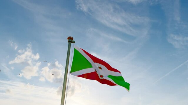 Flag of Burundi waving in the wind, sky and sun background. Burundi Flag Video. Realistic Animation, 4K UHD.  
