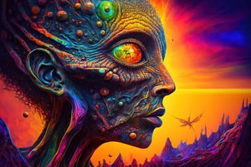 Fototapeta na wymiar Colorful wallpaper illustrations of an alien, generative ai