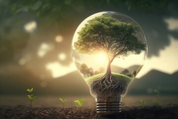 Tree growing on light bulb, nature background. Generative AI