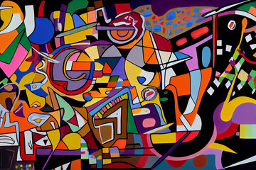 Abstract painting consisting of chaotic multicolored bright various shapes and figures separated by black lines. Generative Ai.