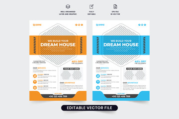 Real estate construction service promotional flyer design with orange and blue colors. Modern construction business advertisement template vector with photo placeholders. Home repair service poster.