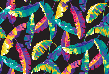 Hawaiian seamless pattern with tropical leaves. Bright glowing yellow-pink-blue-violet backdrop. Botanical illustration on a black background. Vector foliage background.  © Anna Sm