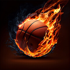 Fototapeta premium Basketball ball in flight with flames on a dark background