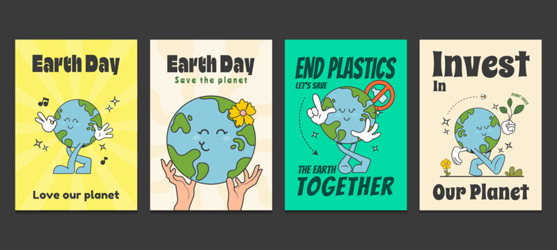earth day posters in trendy retro cartoon style, retro 70s posters. Vector illustration	
