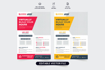 Home making business flyer layout design for marketing. House maintenance and repair service promotional web banner and poster vector with red and yellow colors. Real estate home construction business