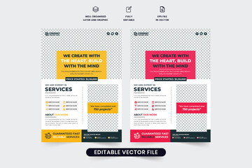 Creative construction business promotional template design with red and yellow colors. Real estate flyer design with photo placeholders for marketing. Home Renovation corporate business flyer vector.
