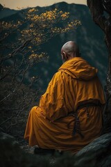 Monk in the Mountains. Buddhist monk meditating. Tibetan monk. Generative AI
