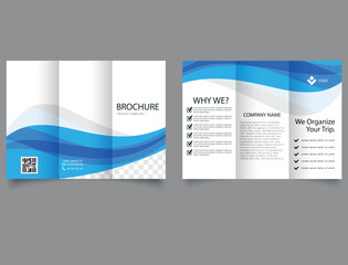 Trifold brochure with blue waves.Corporate brochure, trifold template design