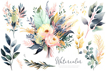 Obraz premium Watercolor floral bouquet illustration set. Blush pink blue yellow flower. Green leaf leaves. Branches bouquets collection. Wedding stationary, greetings, fashion, background. Generative Ai.