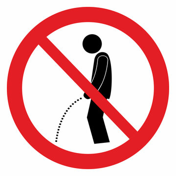No peeing, red circle frame, caution sign, vector icon