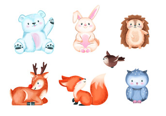 Set of Cute Woodland Animals. Stickers with fox, polar bear, fluffy rabbit, reindeer, owl and hedgehog. Design elements for baby clothes. Cartoon flat vector collection isolated on white background
