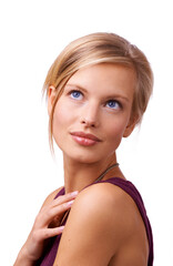 Shes a study in beauty. Studio shot of a beautiful young woman isolated on white.