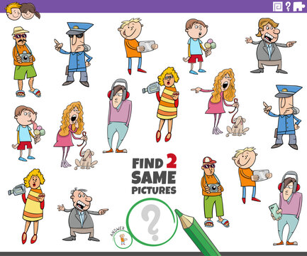 find two same cartoon people characters educational game