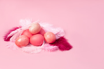 Colorful Easter eggs in a nest of feathers on a pink background