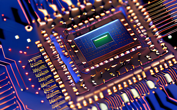 Nanotechnology Computing: A 3D Rendering of a Conceptual CPU on a Circuit Board, Representing the Power of Central Processing Units and Working Processing Technology