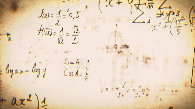 Maths Equations And Diagrams On Vintage Paper/ 4k animation of an abstract science background of mathematics equations and diagrams written on vintage old paper texture with blur and depth of field