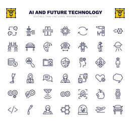 set of ai and future technology thin line icons. ai and future technology outline icons such as mind transfer, motorway, replacement, robots and humans, cyborg, personal assistant, speech bubble,