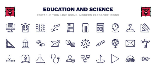 set of education and science thin line icons. education and science outline icons such as online test, abacus, sharpener, measuring tools, graduating, virus, window scrolling medium, cardiology