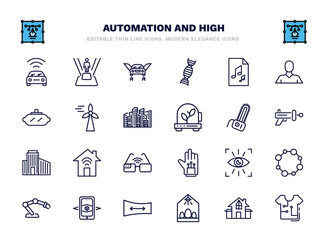set of automation and high thin line icons. automation and high outline icons such as vehicle, flying car, audio file, eolic energy, chainsaw, smart house, eye scan, augmented reality, egg