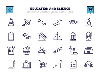 set of education and science thin line icons. education and science outline icons such as book and, pencil, solar system, graduating, bank, educational video, sealed diploma, online class, steps to