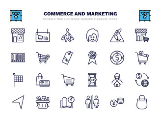 set of commerce and marketing thin line icons. commerce and marketing outline icons such as front store with awning, shopper, eco tag, add to cart, american dollar, bag business card, woman with