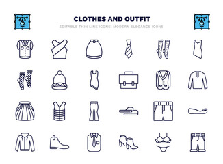 set of clothes and outfit thin line icons. clothes and outfit outline icons such as denim shirt, circle skirt, women socks, knit hat with pom pom, oxford wave blazer, padded vest, denim shorts,